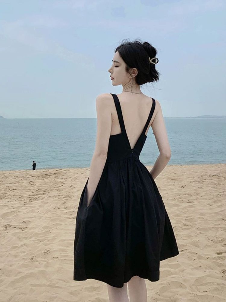 원피스 깊은 허리 브이넥 슬릿 파티룩 트임 퍼프 로맨스 슬림핏 해변 슬리밍 홀터넥 블랙 S - 상세 이미지 5