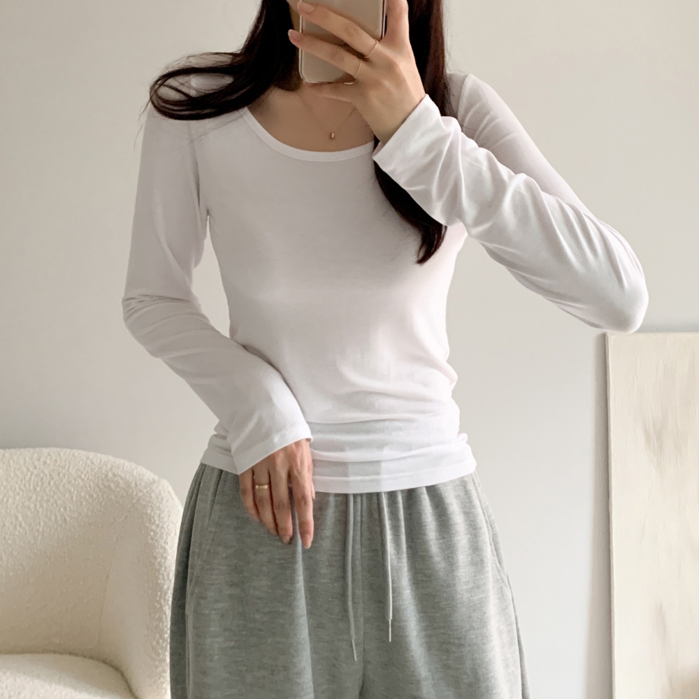 유넥티셔츠 쫄티 얇은긴팔티 흰색티셔츠 - 상품 이미지