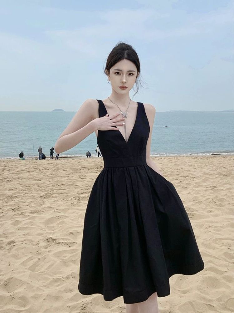 원피스 깊은 허리 브이넥 슬릿 파티룩 트임 퍼프 로맨스 슬림핏 해변 슬리밍 홀터넥 블랙 S - 상세 이미지 4