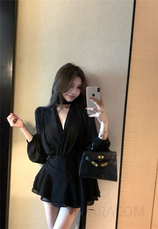 가을 프렌치 쉬폰 긴팔 원피스 여성용 A라인 하객룩 스타일 예쁜 디자인 데일리 착용감 편안한 외출용 샤랄라 미니 - 상세 이미지 3