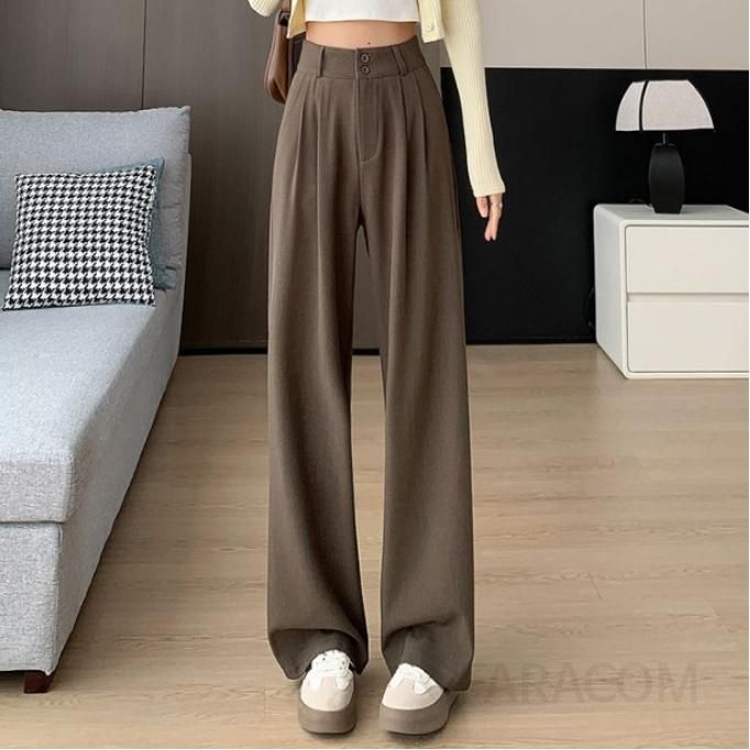 여성 하이웨이스트 슬림핏 스트레이트 팬츠 가을 캐주얼바지 드레이프 스타일로 편안한 착용감 바지 세련된 디자인의 데일리 - 상세 이미지 3