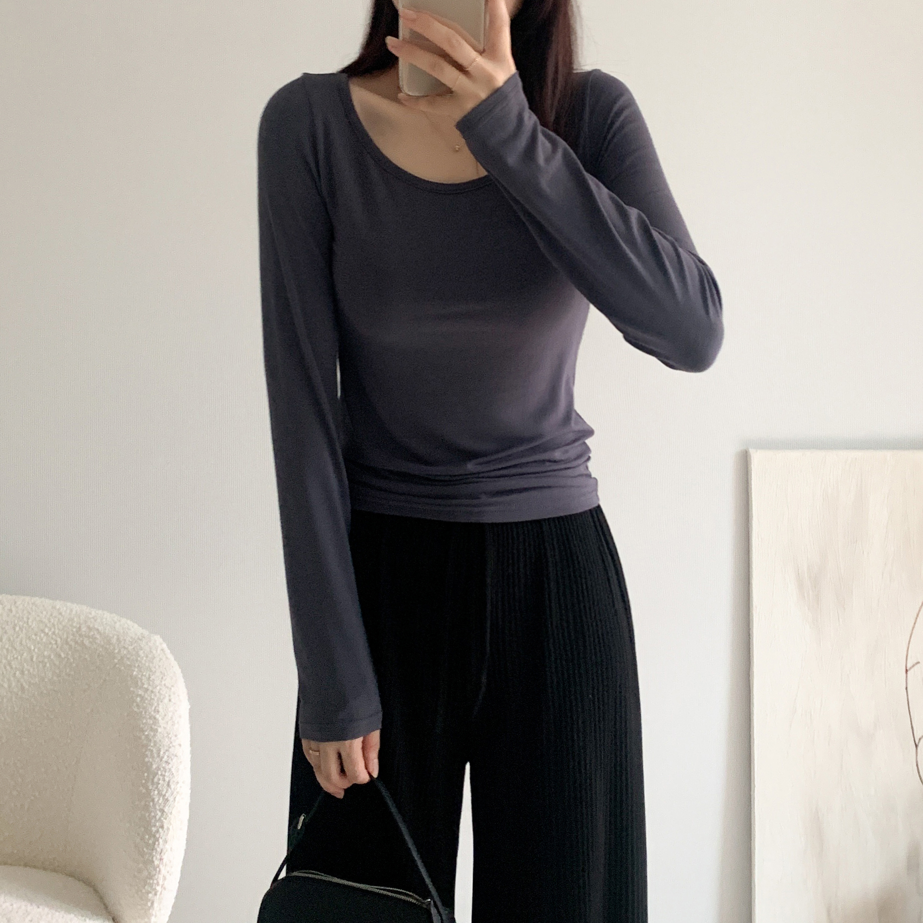 유넥티셔츠 쫄티 얇은긴팔티 흰색티셔츠 - 상세 이미지 4