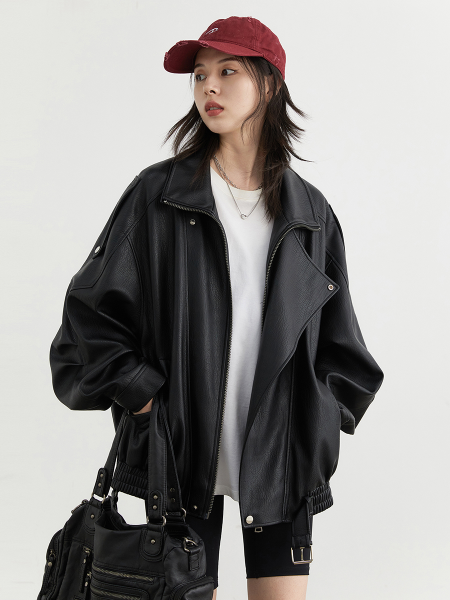 CHICVEN 여자가죽자켓 오버핏 루즈핏 빈티지 라이더 패딩 - 상세 이미지 2