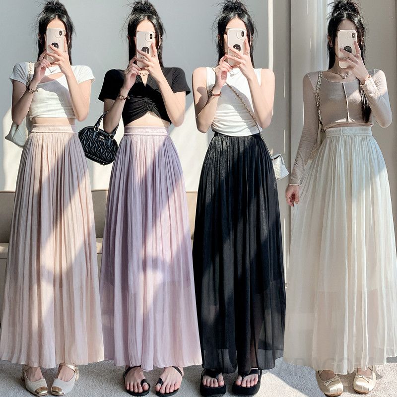 여성 여름 아이스 실크 슬림 와이드팬츠 통기성 좋은 캐주얼 바지 편안한 착용감 드레이프 스타일 통바지 데일리 외출용 - 상품 이미지