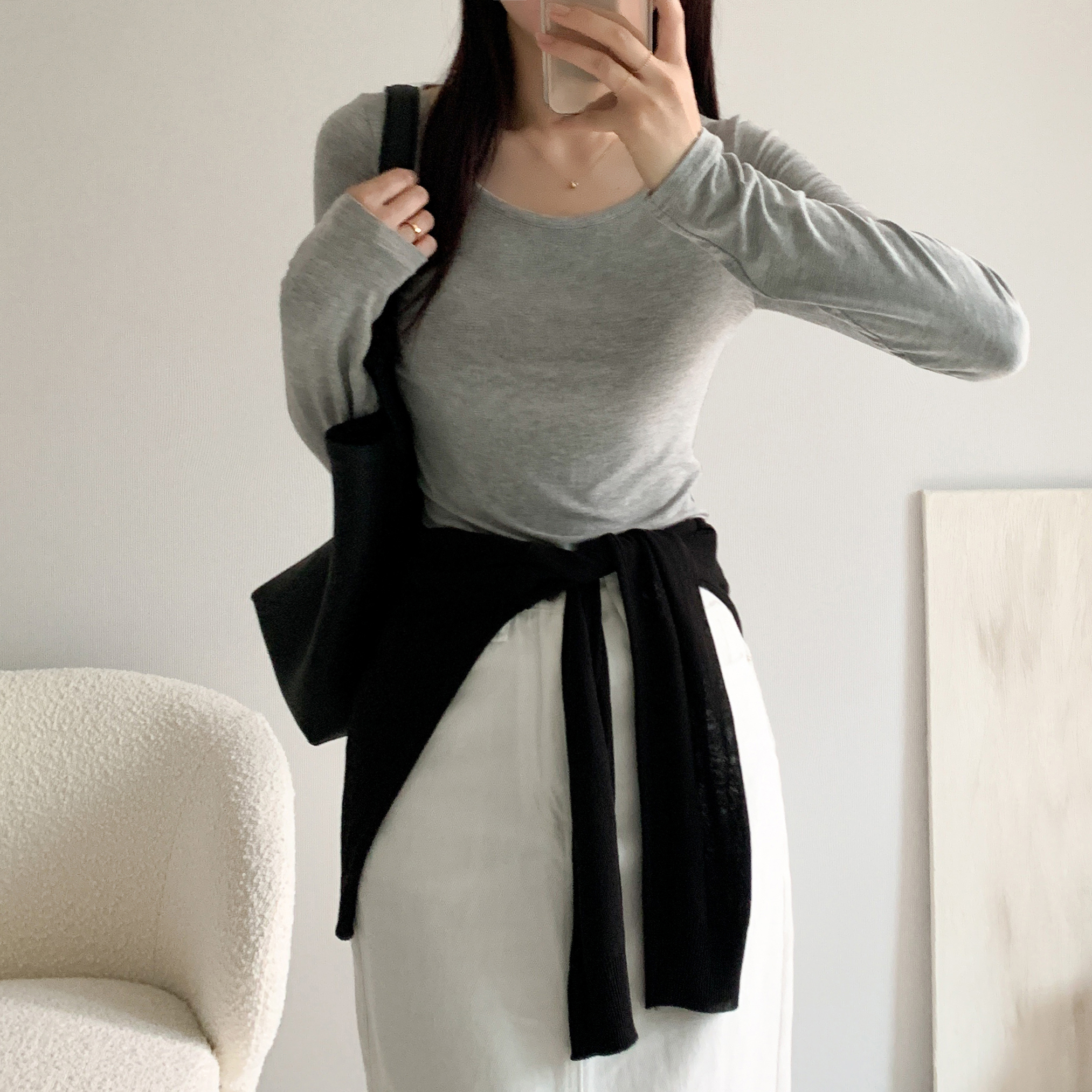 1+1 유넥티셔츠 쫄티 얇은긴팔티 흰색티셔츠 이미지 7