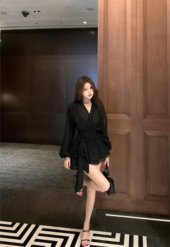 가을 프렌치 쉬폰 긴팔 원피스 여성용 A라인 하객룩 스타일 예쁜 디자인 데일리 착용감 편안한 외출용 샤랄라 미니 - 상세 이미지 4