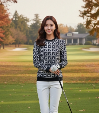 볼빅골프 여성 가을 프린트 패턴 필드룩 골프웨어 라운드 티셔츠