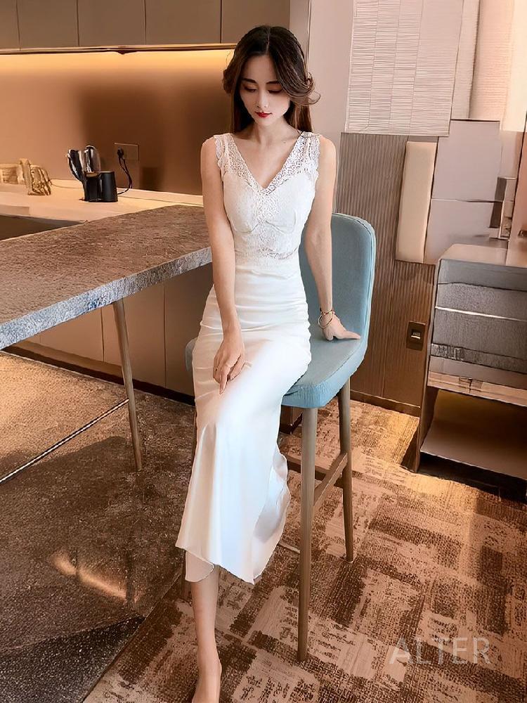 여성 펀칭 슬립 드레스 슬림 미디롱 스퀘어넥 화이트 S 40-50kg - 상세 이미지 2