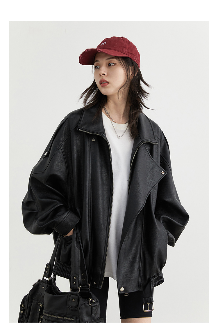 CHICVEN 여자가죽자켓 오버핏 루즈핏 빈티지 라이더 패딩 - 상품 이미지