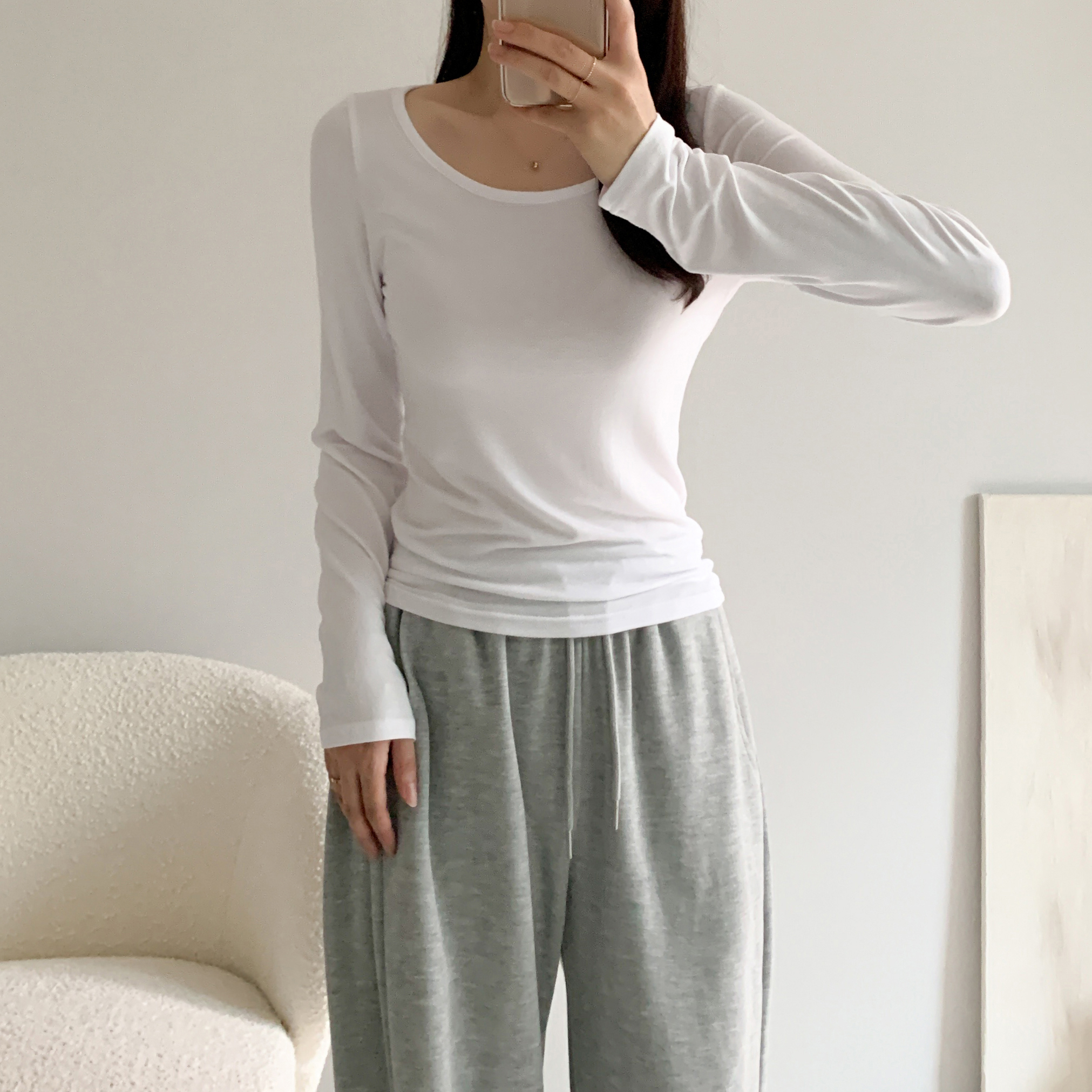 1+1 유넥티셔츠 쫄티 얇은긴팔티 흰색티셔츠 - 상세 이미지 3