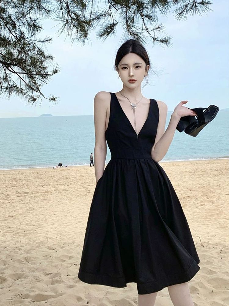 원피스 깊은 허리 브이넥 슬릿 파티룩 트임 퍼프 로맨스 슬림핏 해변 슬리밍 홀터넥 블랙 S - 상세 이미지 3