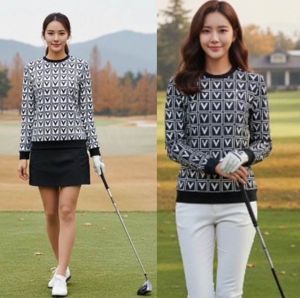 볼빅골프 여성 가을 프린트 패턴 필드룩 골프웨어 라운드 티셔츠