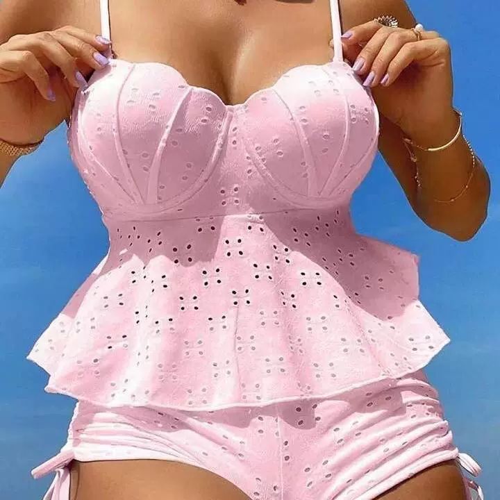 큰가슴 수영복 바디프로필 쓰리피스 워터파크 투피스 트임 홀터넥 언더붑 슬리밍 온천 빅컵 그린 S - 상세 이미지 3