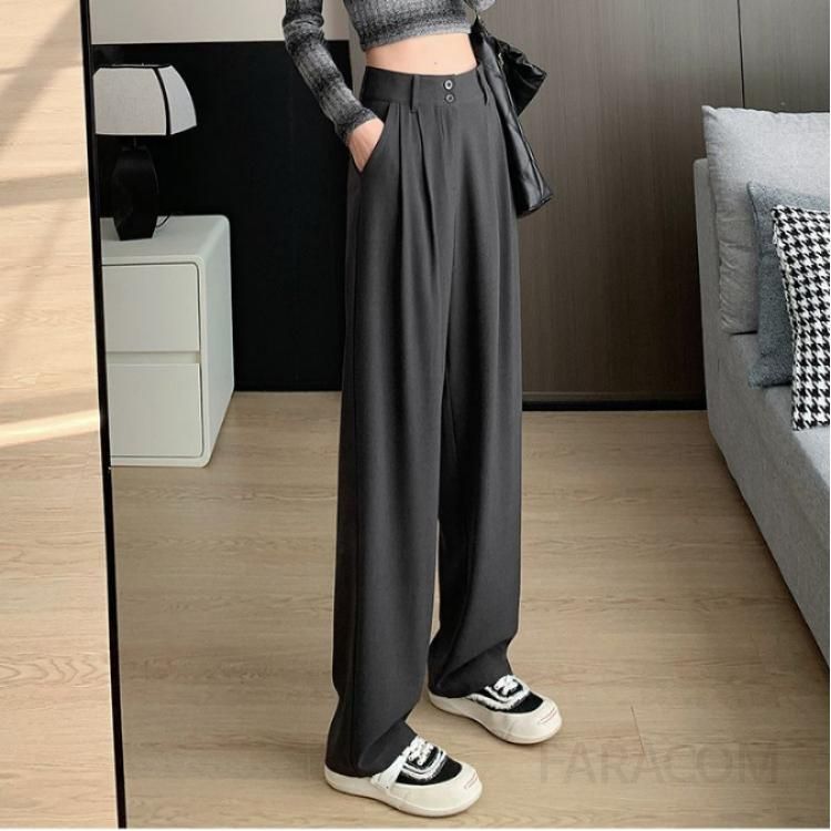 여성 하이웨이스트 슬림핏 스트레이트 팬츠 가을 캐주얼바지 드레이프 스타일로 편안한 착용감 바지 세련된 디자인의 데일리 - 상세 이미지 2