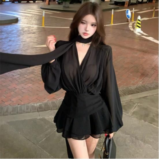 가을 프렌치 쉬폰 긴팔 원피스 여성용 A라인 하객룩 스타일 예쁜 디자인 데일리 착용감 편안한 외출용 샤랄라 미니