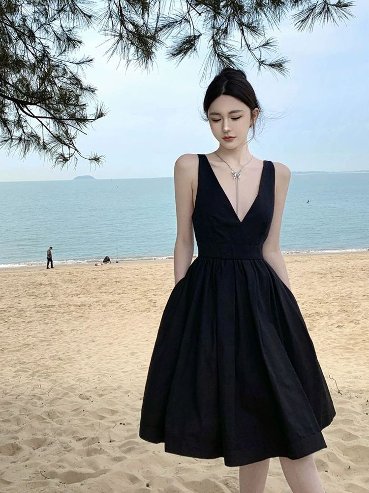 원피스 깊은 허리 브이넥 슬릿 파티룩 트임 퍼프 로맨스 슬림핏 해변 슬리밍 홀터넥 블랙 S - 상세 이미지 2