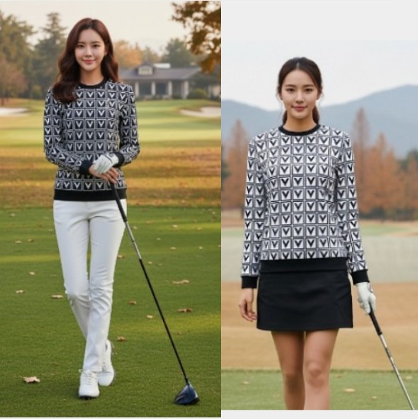 볼빅골프 여성 가을 프린트 패턴 필드룩 골프웨어 라운드 티셔츠