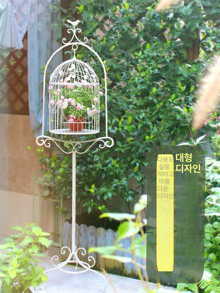 스탠드 화분대 앵무새 케이지 마당 인테리어 철제 화분 보관대 새장 겸용 빈티지 디스트레스드 오프화이트 라지 - 상세 이미지 2