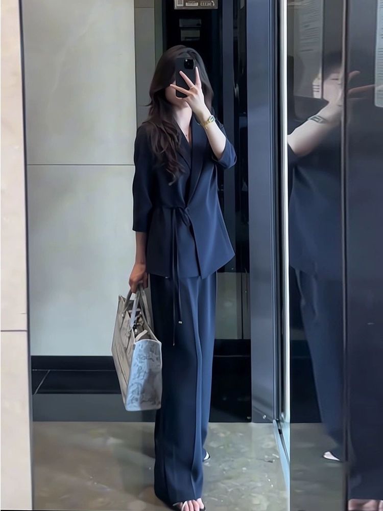 패셔니스타 여성 셋업 상하의 세트 고급스러운 7부 반팔 오피스룩 출근룩 네이비블루 수트+팬츠 S - 상세 이미지 4