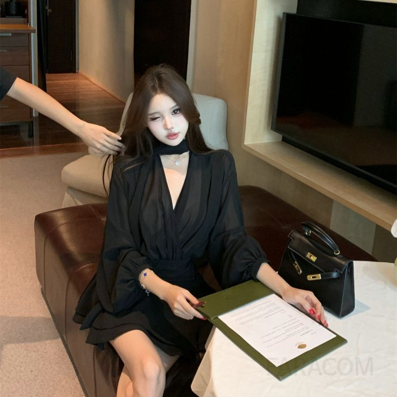 가을 프렌치 쉬폰 긴팔 원피스 여성용 A라인 하객룩 스타일 예쁜 디자인 데일리 착용감 편안한 외출용 샤랄라 미니 - 상세 이미지 5