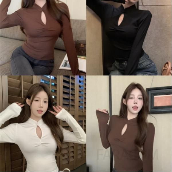 여성 긴팔 슬림 치파오 스타일 가을용 섹시한 디자인 스탠드 칼라 버튼 티셔츠 레이어드 가능 매력적인 외출 패션 아이템 - 상품 이미지