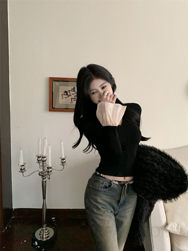 여성용 긴팔 티셔츠 가을 겨울 플레어 슬리브 스타일 레이어드 이너웨어 스플라이싱 디자인 캐주얼한 착용감 데일리 활용도 높은 - 상세 이미지 5