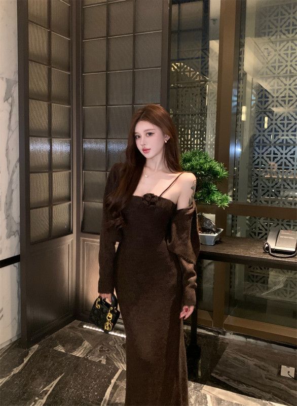 가을 플라워 패턴 슬림핏 긴팔 니트 원피스 레이어드 스타일 여성용 하이엔드 롱 스커트 데일리 캐주얼룩 - 상세 이미지 2