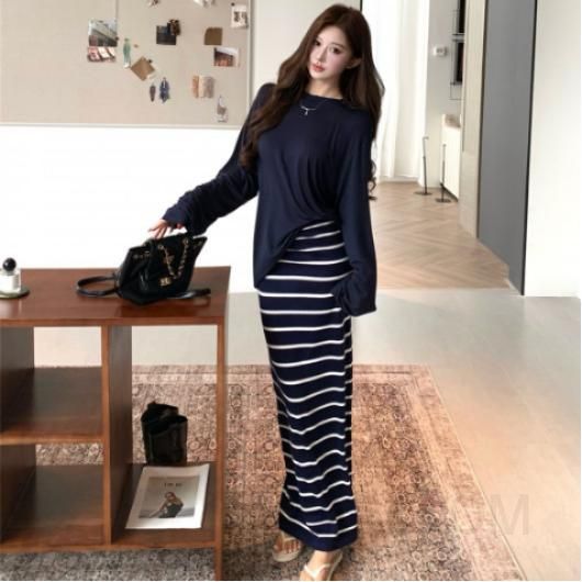 여성 긴팔 라운드 티셔츠 스커트 초가을 얇고 편안한 루즈핏 캐주얼 스타일 데일리웨어 레이어드 가능 외출용 - 상품 이미지