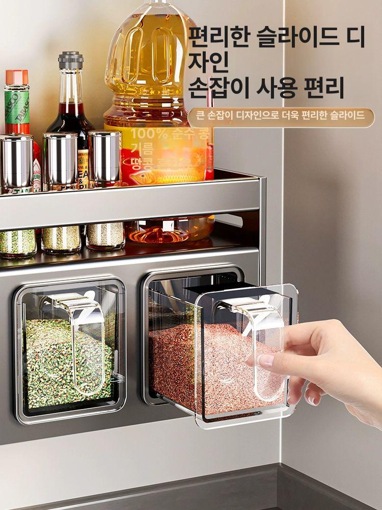 조미료통 정리대 세트 주방 스푼 간장병 간장식초병 양념통 보관대 후추통 벽걸이 소금후추병 건메탈그레이 2단 4칸 - 상세 이미지 3