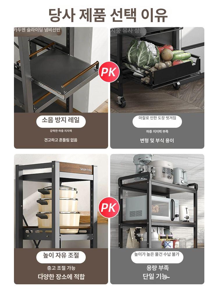 밥솥레일 선반 이동식 거치대 냄비 슬라이딩 오븐장 오븐 전자렌지수납장 부엌 밥솥 주방 피아노블랙 5단 2판 3서랍 - 상세 이미지 2