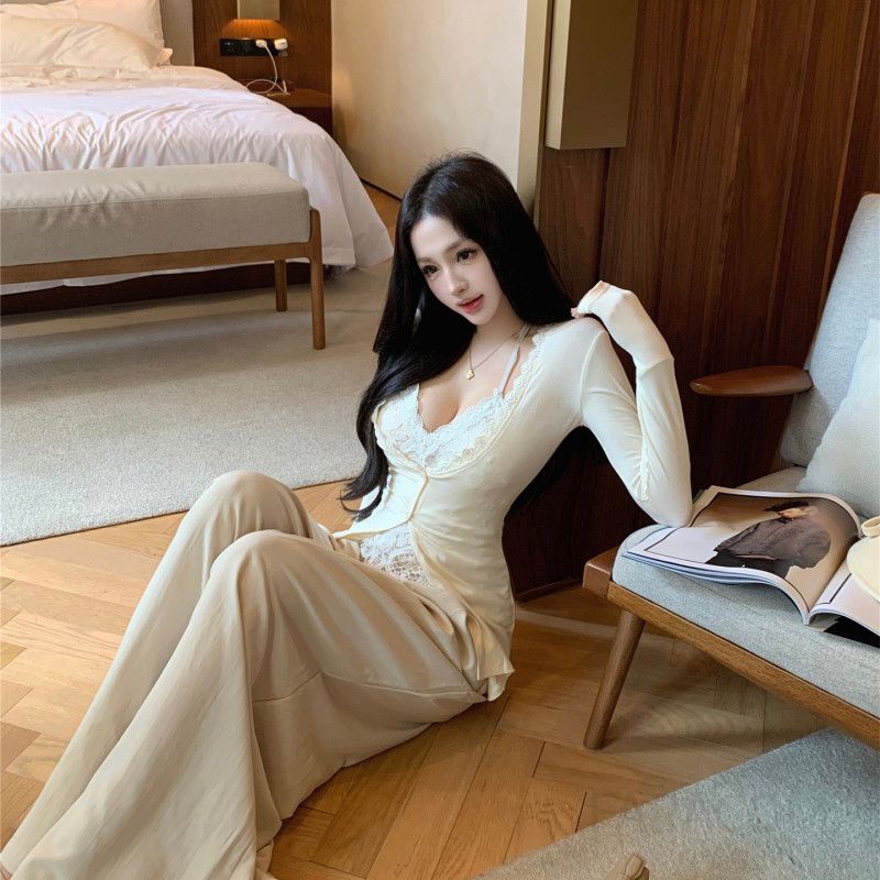 레이스 홀터넥 베스트와 자외선 차단 긴팔 가디건 포함 여성 캐주얼 와이드 팬츠 세트 초가을 공항룩 스타일 트렌디한 데일리 착용감 좋은 - 상세 이미지 5