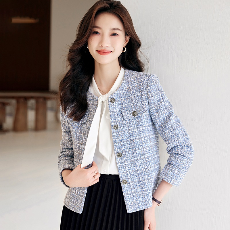 라운드넥 금장단추 트위드자켓 세련 오피스룩 예쁜 디자인 연예인 드라마 패션 봄가을 핑크 - 상세 이미지 2