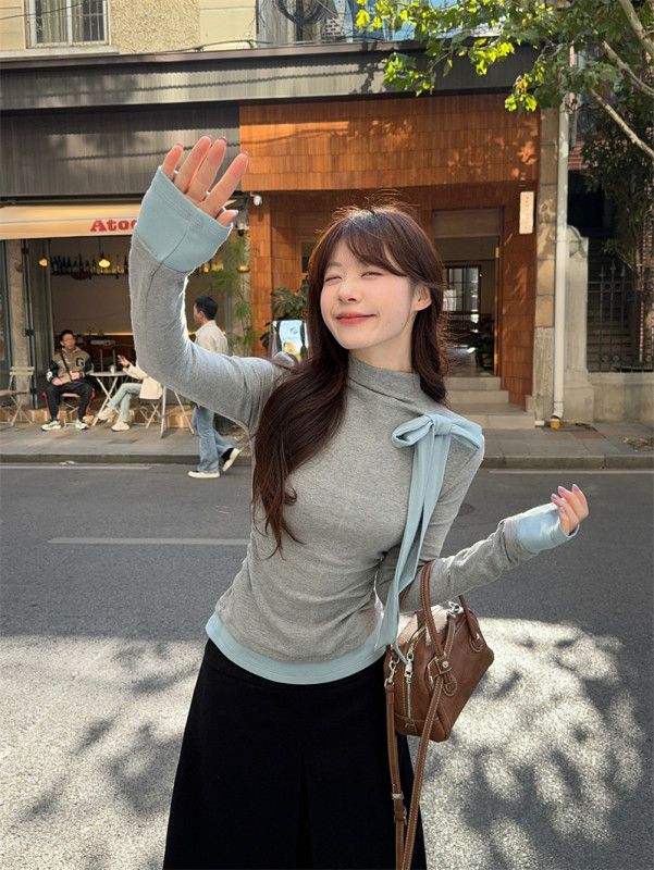 여성 하이 칼라 롱 슬리브 티셔츠 가을 겨울용 레이스업 디자인 니트탑 스타일리시한 이너웨어 데일리룩 편안한 착용감 따뜻한 느낌의 캐주얼 - 상세 이미지 5