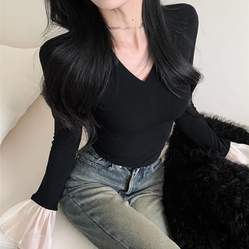 여성용 긴팔 티셔츠 가을 겨울 플레어 슬리브 스타일 레이어드 이너웨어 스플라이싱 디자인 캐주얼한 착용감 데일리 활용도 높은 - 상품 이미지