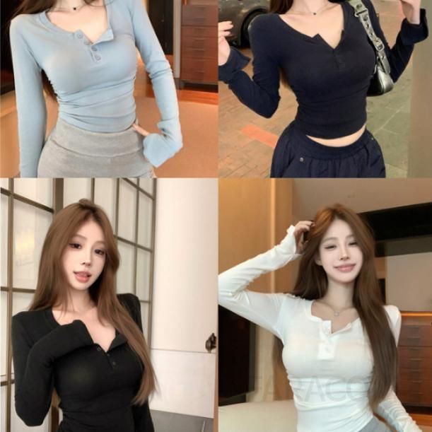 여성 긴팔 슬림핏 티셔츠 초가을 스타일 세련된 U넥 플리츠 디테일로 멋스러운 레이어드 아이템 데일리룩 활용 가능 - 상품 이미지