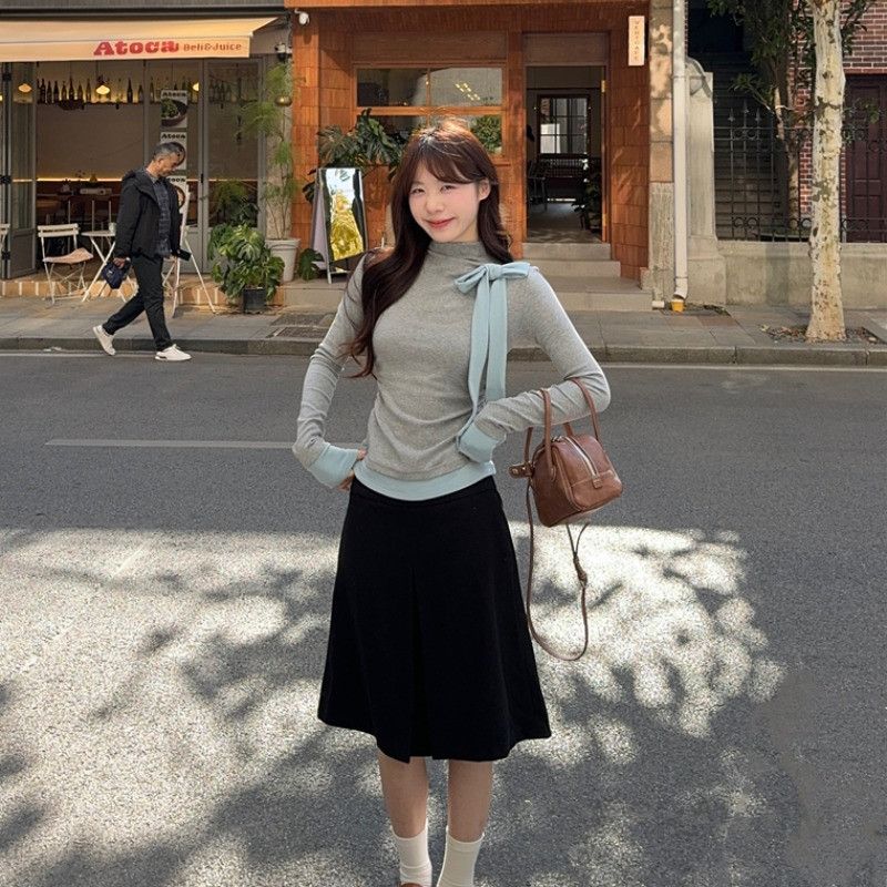 여성 하이 칼라 롱 슬리브 티셔츠 가을 겨울용 레이스업 디자인 니트탑 스타일리시한 이너웨어 데일리룩 편안한 착용감 따뜻한 느낌의 캐주얼 - 상세 이미지 2