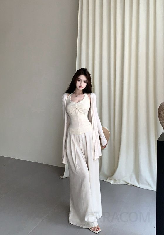 가을 간절기 여성 슬림핏 니트 가디건 세트 오프숄더 긴팔 재킷 캐주얼 와이드 팬츠 매치 스타일리시한 룩 연출 가능 - 상세 이미지 2