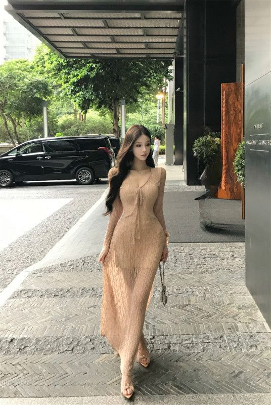 레이스 프렌치 맥시 드레스 여성용 여름 감각적 분위기 긴팔 하객룩 스타일 공주풍 우아한 디자인 시스루 레이어드룩 - 상세 이미지 2