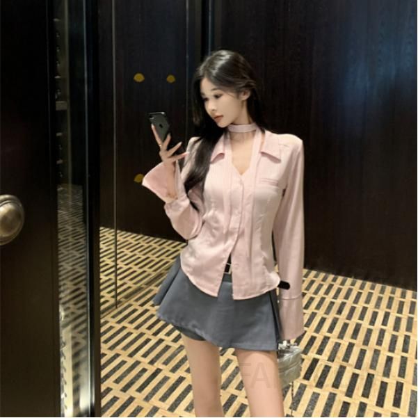 새틴 실키 긴팔 여성 타이블라우스와 스커트 세트 세련된 봄 가을 패션 스타일링 아이템 - 상세 이미지 4