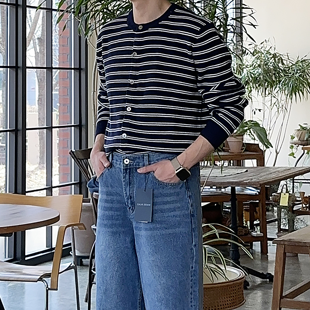 남자 가디건 라운드 단가라 스트라이프 캐시미어 가디건 - 상세 이미지 2