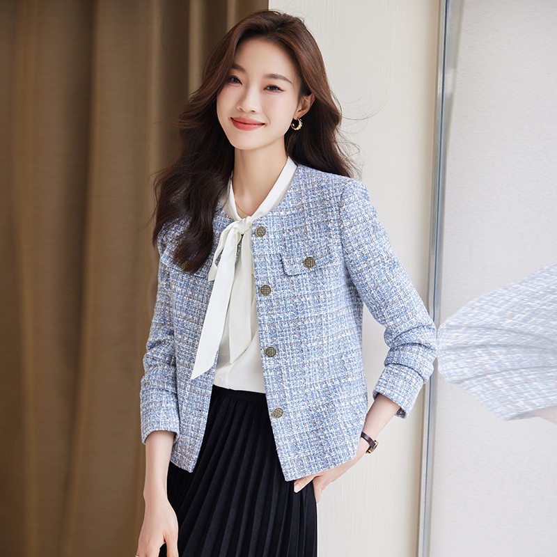 라운드넥 금장단추 트위드자켓 세련 오피스룩 예쁜 디자인 연예인 드라마 패션 봄가을 핑크 - 상세 이미지 4