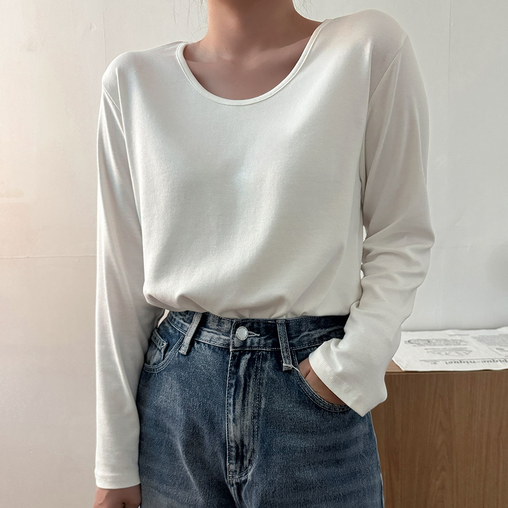 자체제작 기모 긴팔 비침없는 유넥 티셔츠 기본 이너티 흰티 - 상세 이미지 3