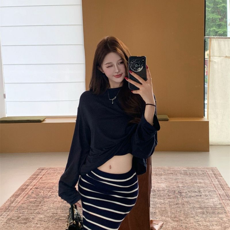 여성 긴팔 라운드 티셔츠 스커트 초가을 얇고 편안한 루즈핏 캐주얼 스타일 데일리웨어 레이어드 가능 외출용 - 상세 이미지 5