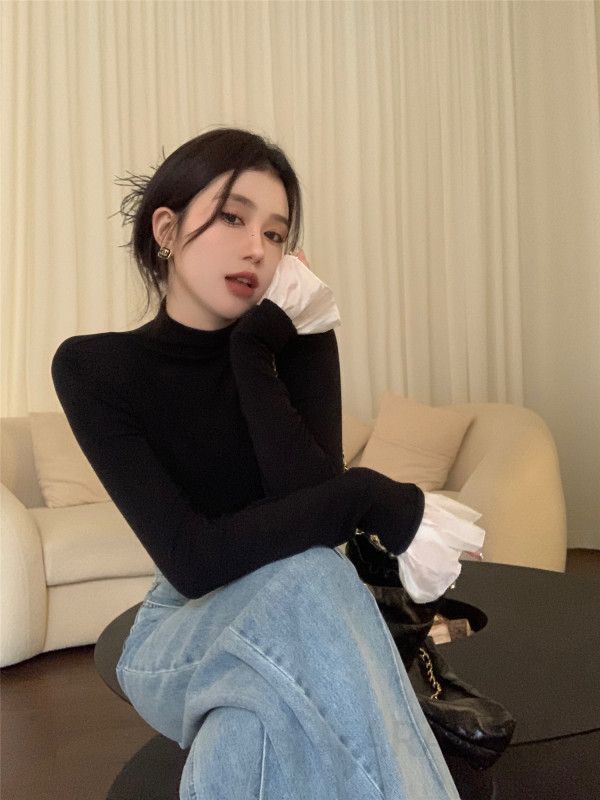 여성용 슬림핏 소프트 엘라스틱 긴팔 티셔츠 가을 겨울 데일리 웜한 착용감 캐주얼 스타일 올매치 활용도 높은 - 상세 이미지 2