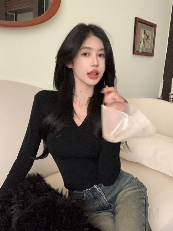 여성용 긴팔 티셔츠 가을 겨울 플레어 슬리브 스타일 레이어드 이너웨어 스플라이싱 디자인 캐주얼한 착용감 데일리 활용도 높은 - 상세 이미지 4