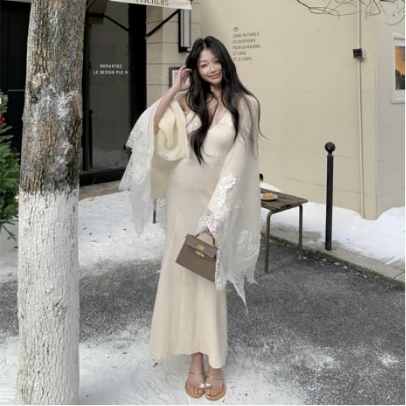 레이스 스플라이싱 모헤어 긴팔 드레스 여성용 가을 겨울 우아한 스타일 셀프 웨딩 드레스 레이어드 원피스 빅사이즈 가능