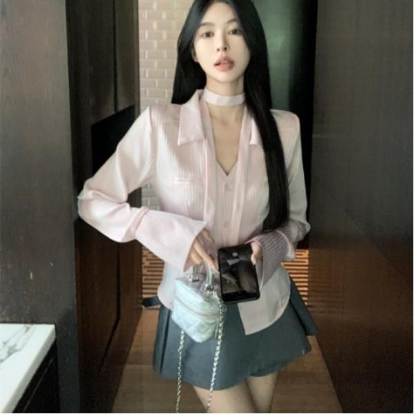 새틴 실키 긴팔 여성 타이블라우스와 스커트 세트 세련된 봄 가을 패션 스타일링 아이템 - 상세 이미지 2
