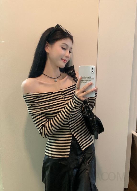 가을 여성 슬림핏 원숄더 긴팔 스트라이프 탑 어깨트임 스타일 캐주얼한 디자인 데일리룩 편안한 착용감 매력적인 티셔츠 - 상세 이미지 2