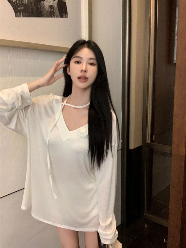 여성 루즈핏 V넥 긴팔 티셔츠 초가을 스타일 미디 길이 캐주얼 레이어드용 편안한 착용감 데일리 활용 가능 - 상세 이미지 4