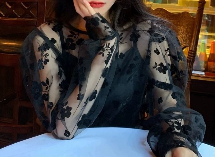 벨벳검정 플라워포인트 섹시 오간자 망사블라우스 시스루세트 이너블라우스 볼륨소매 여자여자몰 - 상세 이미지 5